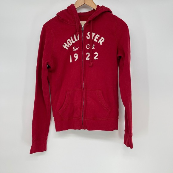 Hollister Full Zip Hoodie Red Spell Out Long Sleeve Sweatshirt Size L Y2K - Picture 1 of 4